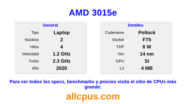 AMD 3015e Especificaciones y benchmarks de la CPU