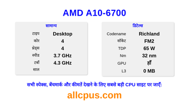 AMD A10-6700 CPU की स्पेसिफिकेशन और बेंचमार्क