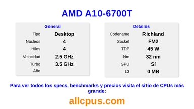 AMD A10-6700T Especificaciones y benchmarks de la CPU