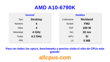 AMD A10-6790K Especificaciones y benchmarks de la CPU