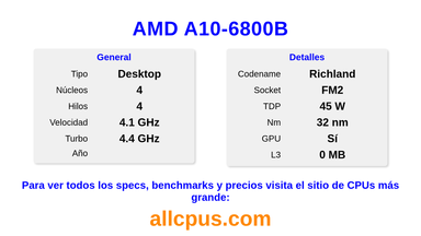 AMD A10-6800B Especificaciones y benchmarks de la CPU
