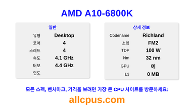 AMD A10-6800K CPU 사양과 벤치마크