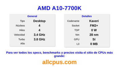 AMD A10-7700K Especificaciones y benchmarks de la CPU