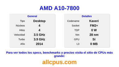 AMD A10-7800 Especificaciones y benchmarks de la CPU