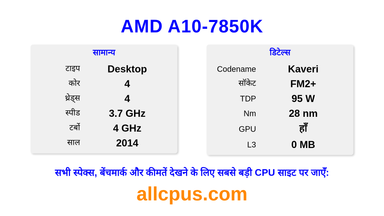 AMD A10-7850K CPU की स्पेसिफिकेशन और बेंचमार्क