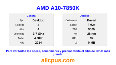 AMD A10-7850K Especificaciones y benchmarks de la CPU