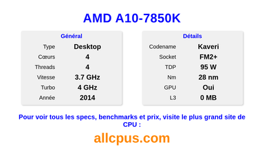 AMD A10-7850K Spécifications et benchmarks du CPU