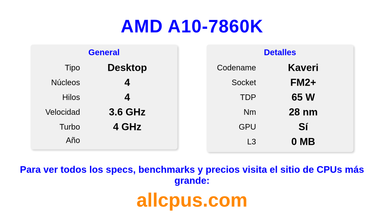 AMD A10-7860K Especificaciones y benchmarks de la CPU
