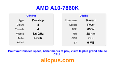 AMD A10-7860K Spécifications et benchmarks du CPU