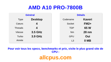 AMD A10 PRO-7800B Spécifications et benchmarks du CPU