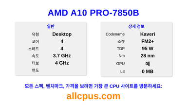 AMD A10 PRO-7850B CPU 사양과 벤치마크