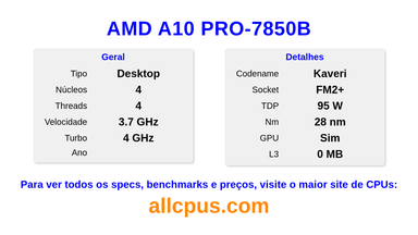 AMD A10 PRO-7850B Especificações e benchmarks da CPU