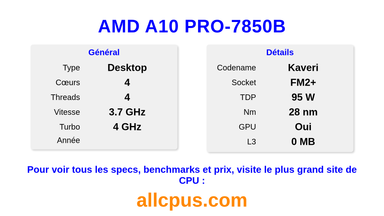 AMD A10 PRO-7850B Spécifications et benchmarks du CPU