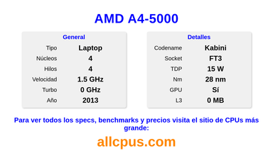 AMD A4-5000 Especificaciones y benchmarks de la CPU