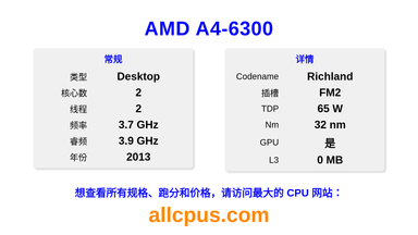 AMD A4-6300 CPU 规格和跑分