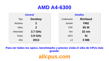 AMD A4-6300 Especificaciones y benchmarks de la CPU