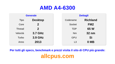 AMD A4-6300 Specifiche e benchmark della CPU