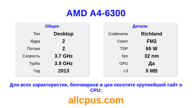 AMD A4-6300 Характеристики и бенчмарки CPU