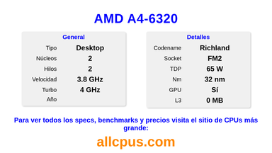 AMD A4-6320 Especificaciones y benchmarks de la CPU