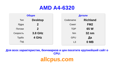 AMD A4-6320 Характеристики и бенчмарки CPU