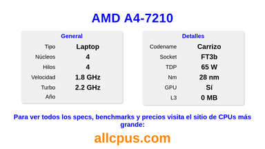 AMD A4-7210 Especificaciones y benchmarks de la CPU