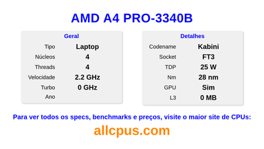 AMD A4 PRO-3340B Especificações e benchmarks da CPU