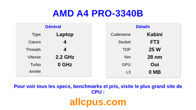 AMD A4 PRO-3340B Spécifications et benchmarks du CPU