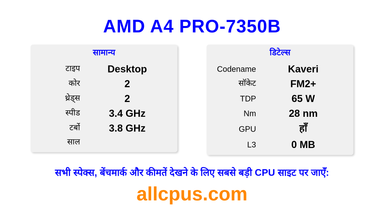AMD A4 PRO-7350B CPU की स्पेसिफिकेशन और बेंचमार्क