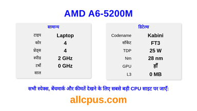 AMD A6-5200M CPU की स्पेसिफिकेशन और बेंचमार्क