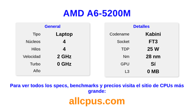 AMD A6-5200M Especificaciones y benchmarks de la CPU