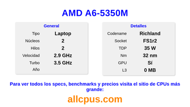 AMD A6-5350M Especificaciones y benchmarks de la CPU