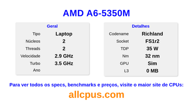 AMD A6-5350M Especificações e benchmarks da CPU