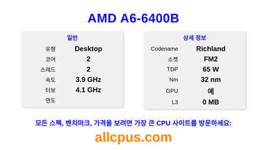 AMD A6-6400B CPU 사양과 벤치마크