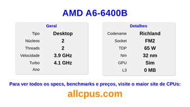 AMD A6-6400B Especificações e benchmarks da CPU