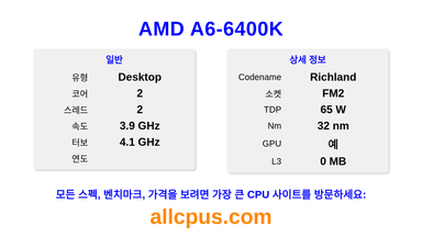 AMD A6-6400K CPU 사양과 벤치마크