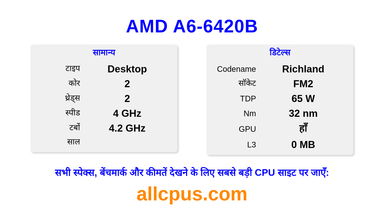 AMD A6-6420B CPU की स्पेसिफिकेशन और बेंचमार्क