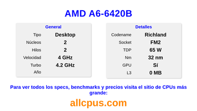 AMD A6-6420B Especificaciones y benchmarks de la CPU