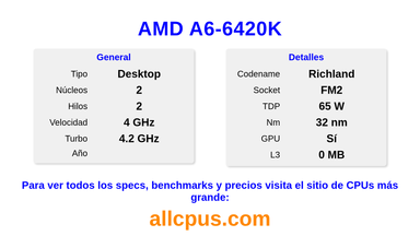 AMD A6-6420K Especificaciones y benchmarks de la CPU