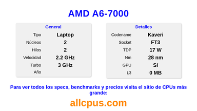 AMD A6-7000 Especificaciones y benchmarks de la CPU
