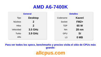 AMD A6-7400K Especificaciones y benchmarks de la CPU