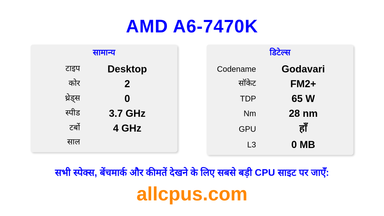 AMD A6-7470K CPU की स्पेसिफिकेशन और बेंचमार्क