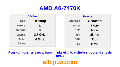 AMD A6-7470K Spécifications et benchmarks du CPU