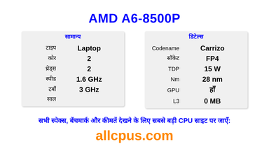 AMD A6-8500P CPU की स्पेसिफिकेशन और बेंचमार्क