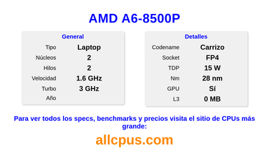 AMD A6-8500P Especificaciones y benchmarks de la CPU
