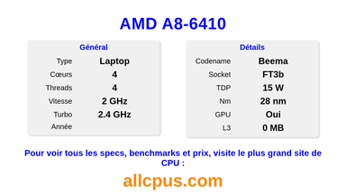 AMD A8-6410 Spécifications et benchmarks du CPU