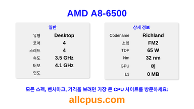AMD A8-6500 CPU 사양과 벤치마크