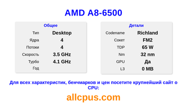 AMD A8-6500 Характеристики и бенчмарки CPU