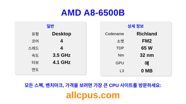 AMD A8-6500B CPU 사양과 벤치마크