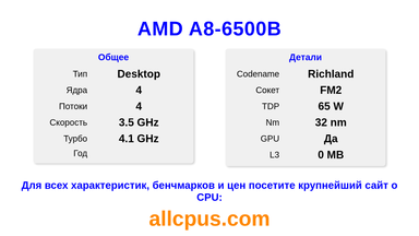 AMD A8-6500B Характеристики и бенчмарки CPU