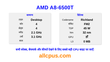 AMD A8-6500T CPU की स्पेसिफिकेशन और बेंचमार्क